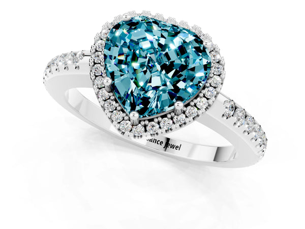 White gold Heart Cut Blue Topaz Pavé Halo Ring with Four-Prong Setting