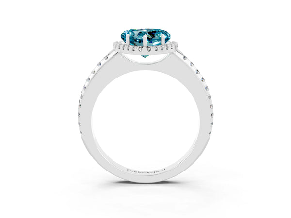 Silver Heart Cut Blue Topaz Pavé Halo Ring with Four-Prong Setting