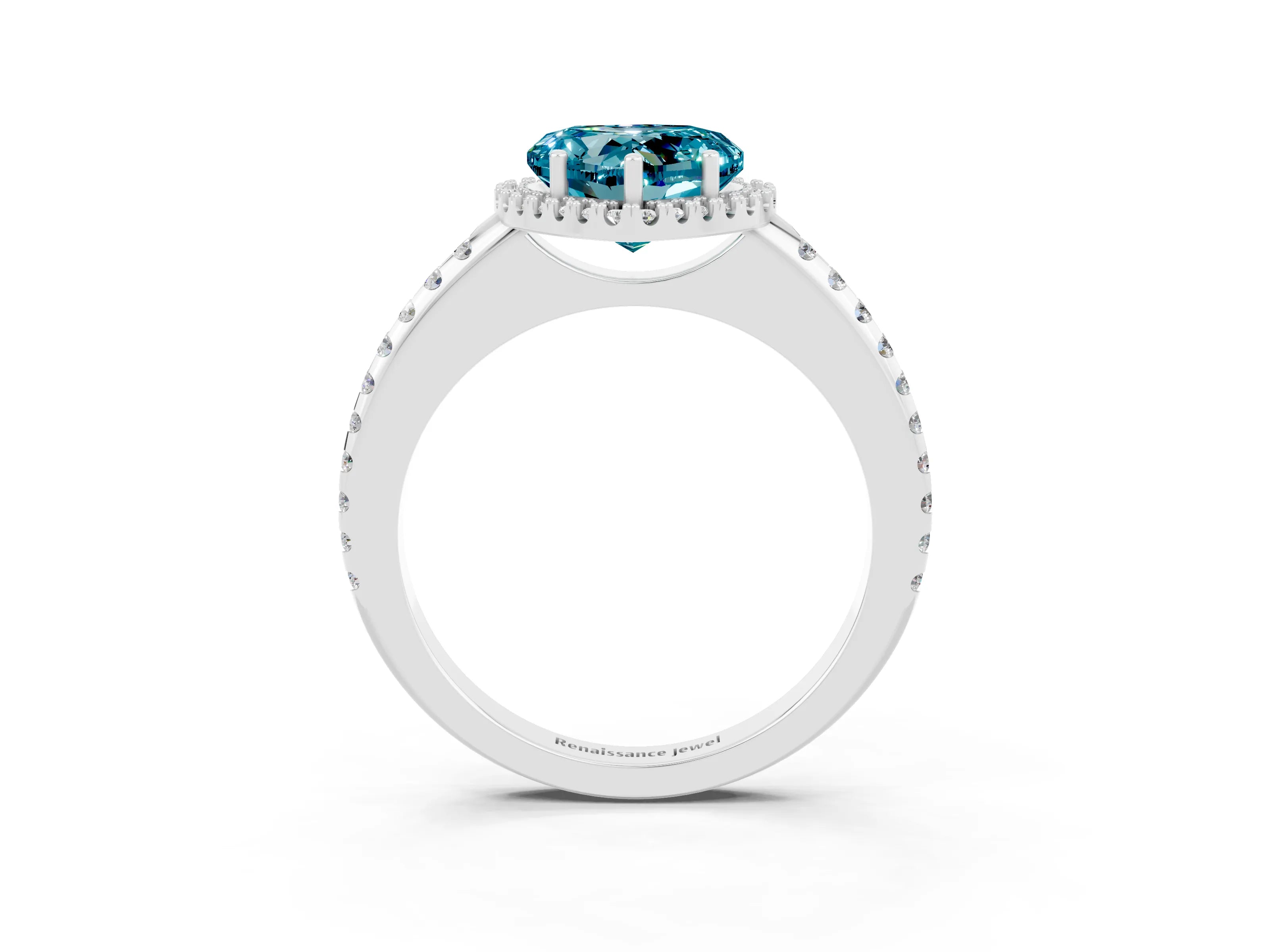 White gold Heart Cut Blue Topaz Pavé Halo Ring with Four-Prong Setting_15
