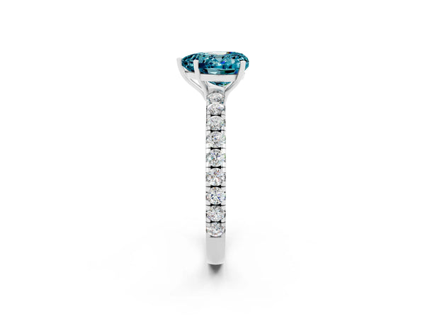 Silver Heart Cut Blue Topaz Pavé Solitaire Engagement Ring with Four-Prong Setting