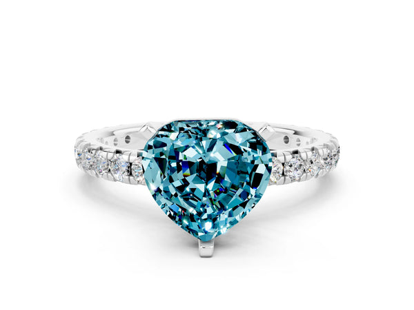 Platinum Heart Cut Blue Topaz Pavé Solitaire Ring with Round Band and Prong Setting