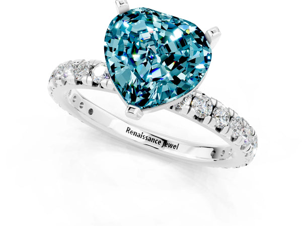 Platinum Heart Cut Blue Topaz Pavé Solitaire Ring with Round Band and Prong Setting