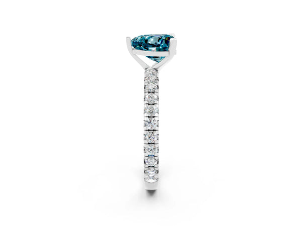 Platinum Heart Cut Blue Topaz Pavé Solitaire Ring with Round Band and Prong Setting