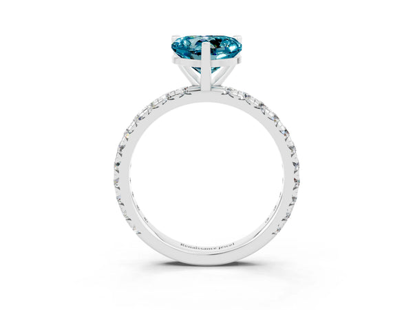 White gold Heart Cut Blue Topaz Pavé Solitaire Ring with Round Band and Prong Setting
