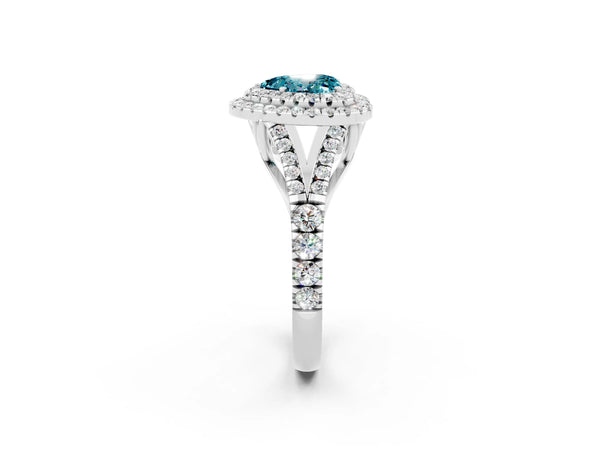 Platinum Heart Cut Blue Topaz Pavé Split Shank Double Halo Engagement Ring