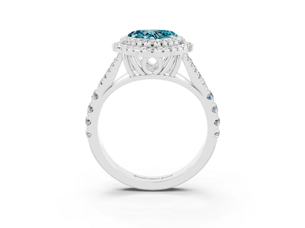 White gold Heart Cut Blue Topaz Pavé Split Shank Double Halo Engagement Ring