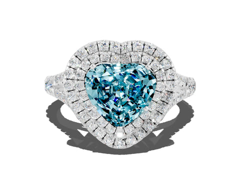 White gold Heart Cut Blue Topaz Pavé Split Shank Double Halo Engagement Ring