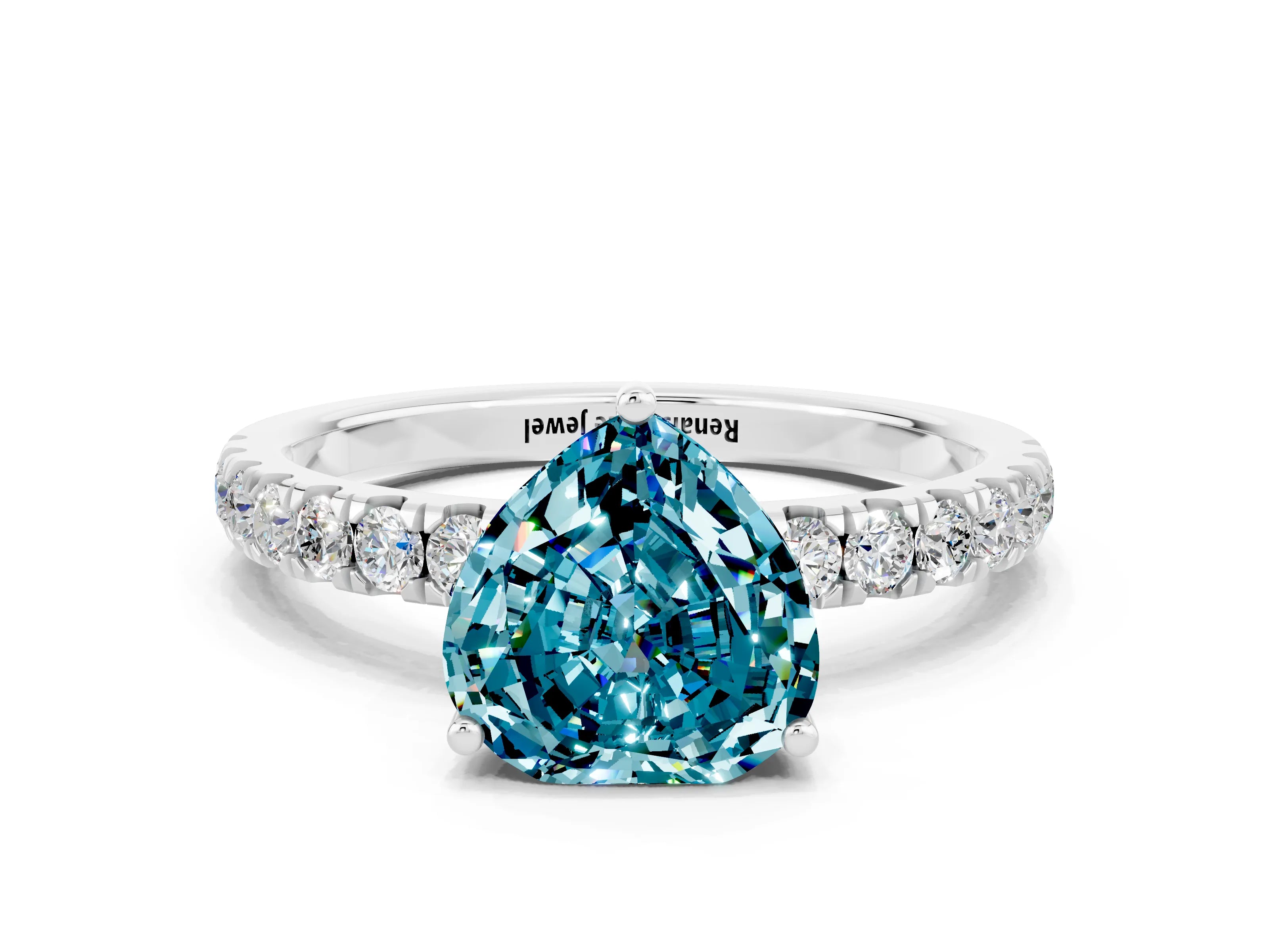 White gold Heart Cut Blue Topaz Pave Band Solitaire Ring with Four-Prong Setting_36
