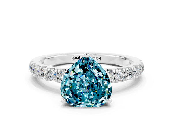 White gold Heart Cut Blue Topaz Pave Band Solitaire Ring with Round  and Prong Setting