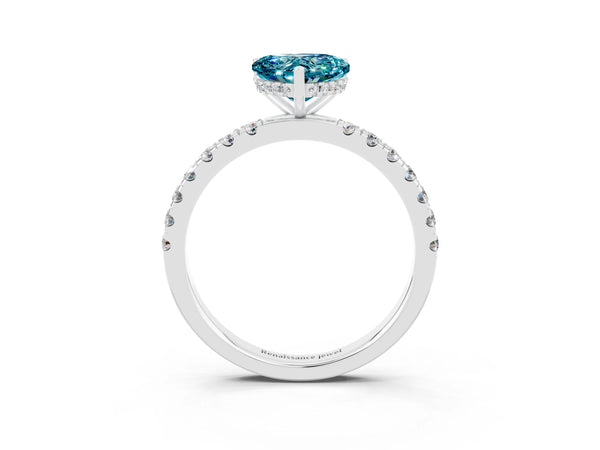 Platinum Heart Cut Blue Topaz Pave Band Solitaire Ring with Round  and Prong Setting