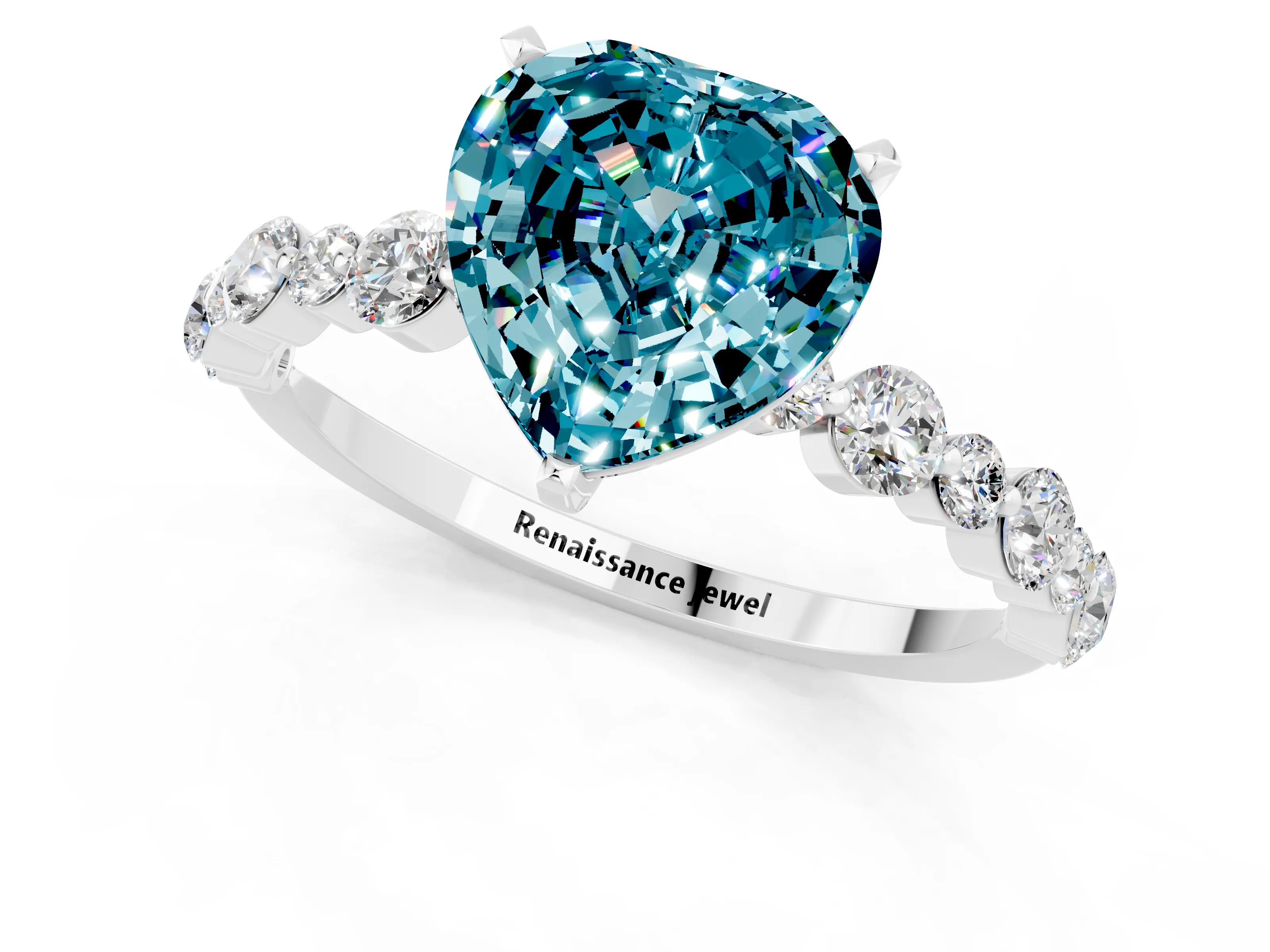 White gold Heart Cut Blue Topaz Prong Set Engagement Ring with Pavé Band_1