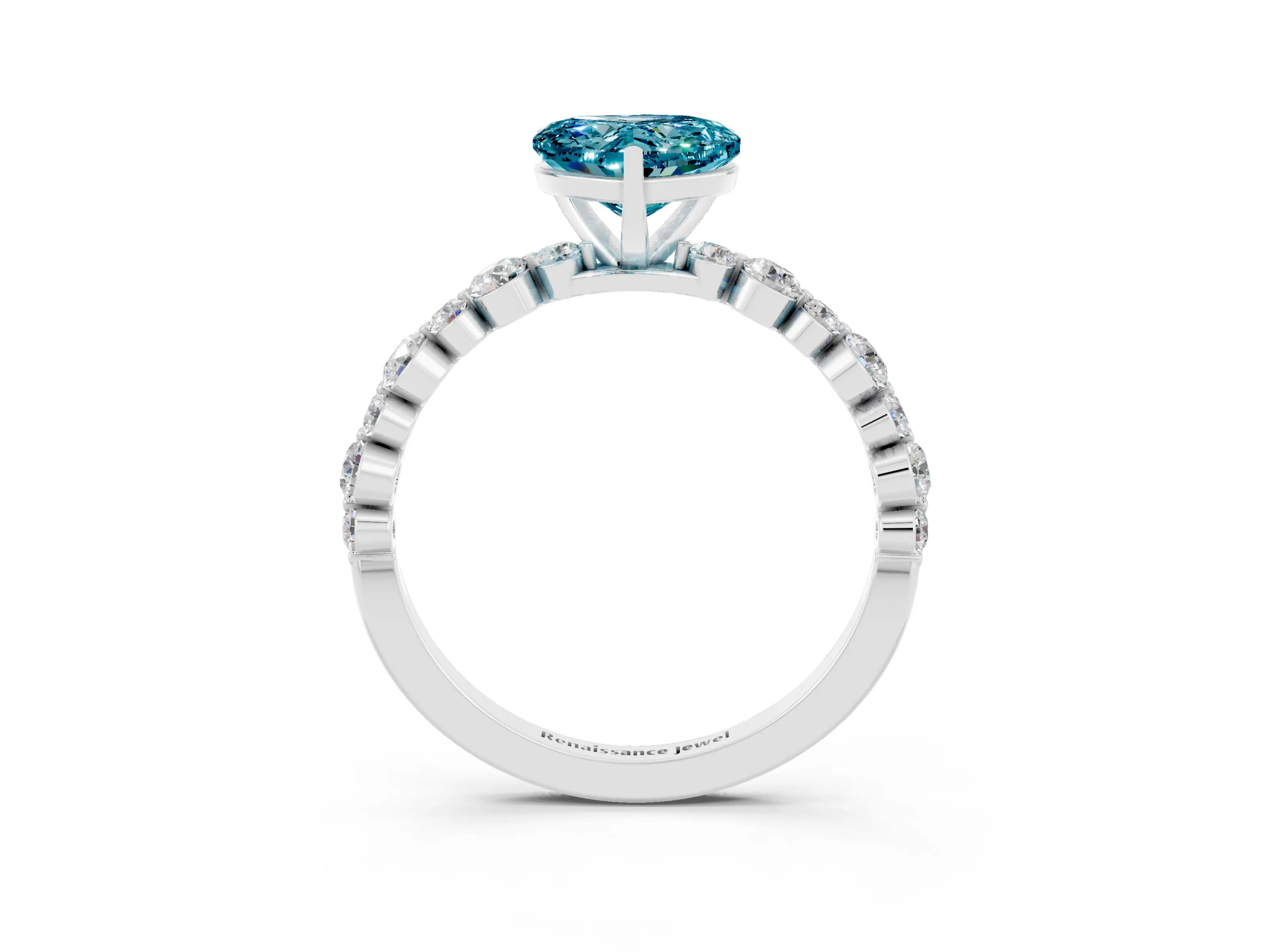 White gold Heart Cut Blue Topaz Prong Set Engagement Ring with Pavé Band_3