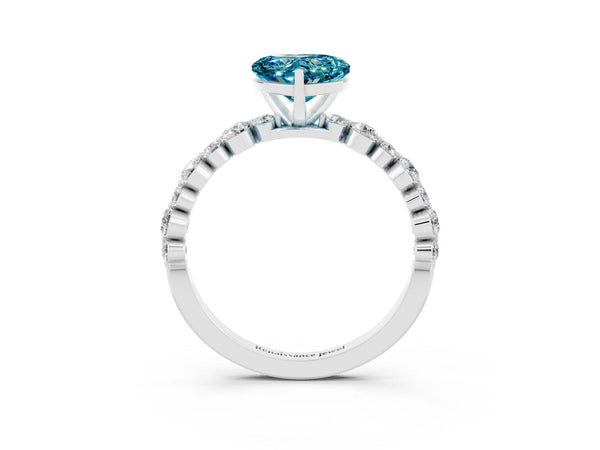 White gold Heart Cut Blue Topaz Prong Set Engagement Ring with Pavé Band