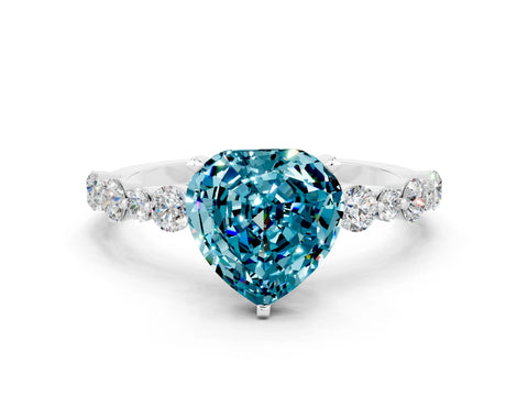 White gold Heart Cut Blue Topaz Prong Set Engagement Ring with Pavé Band