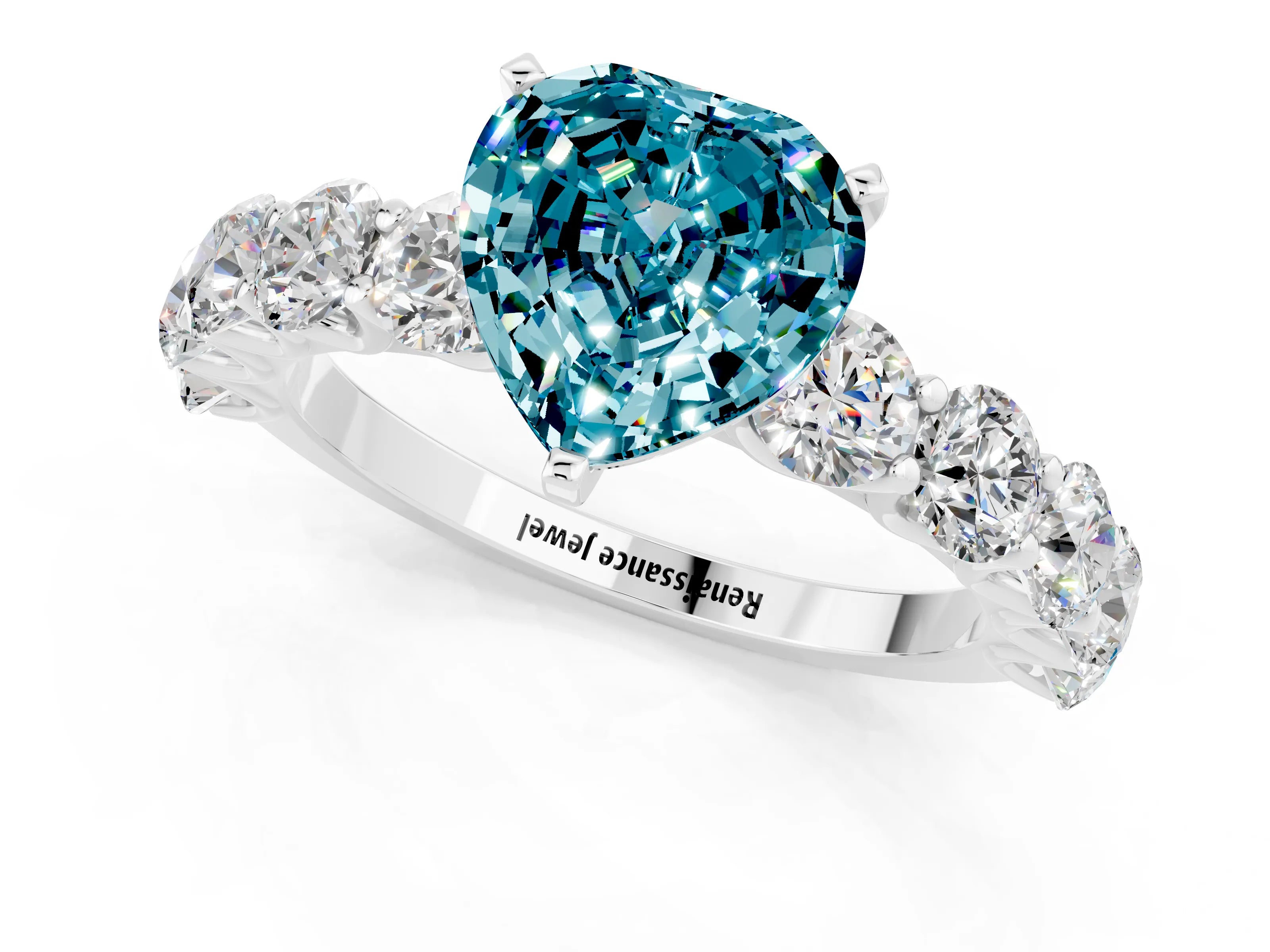 White gold Heart Cut Blue Topaz Prong Setting with Side Stones on a Pave Band_1