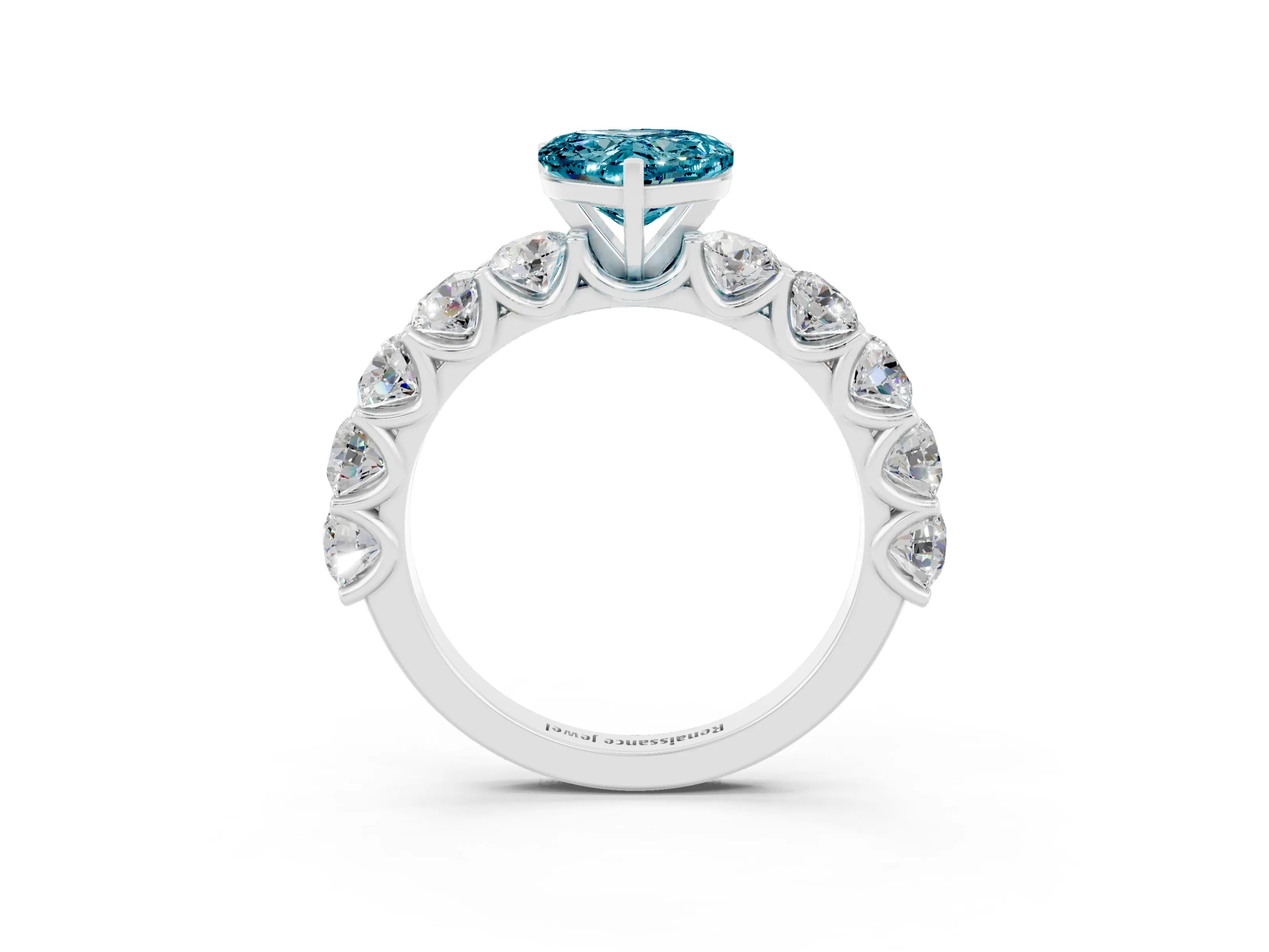 White gold Heart Cut Blue Topaz Prong Setting with Side Stones on a Pave Band_3