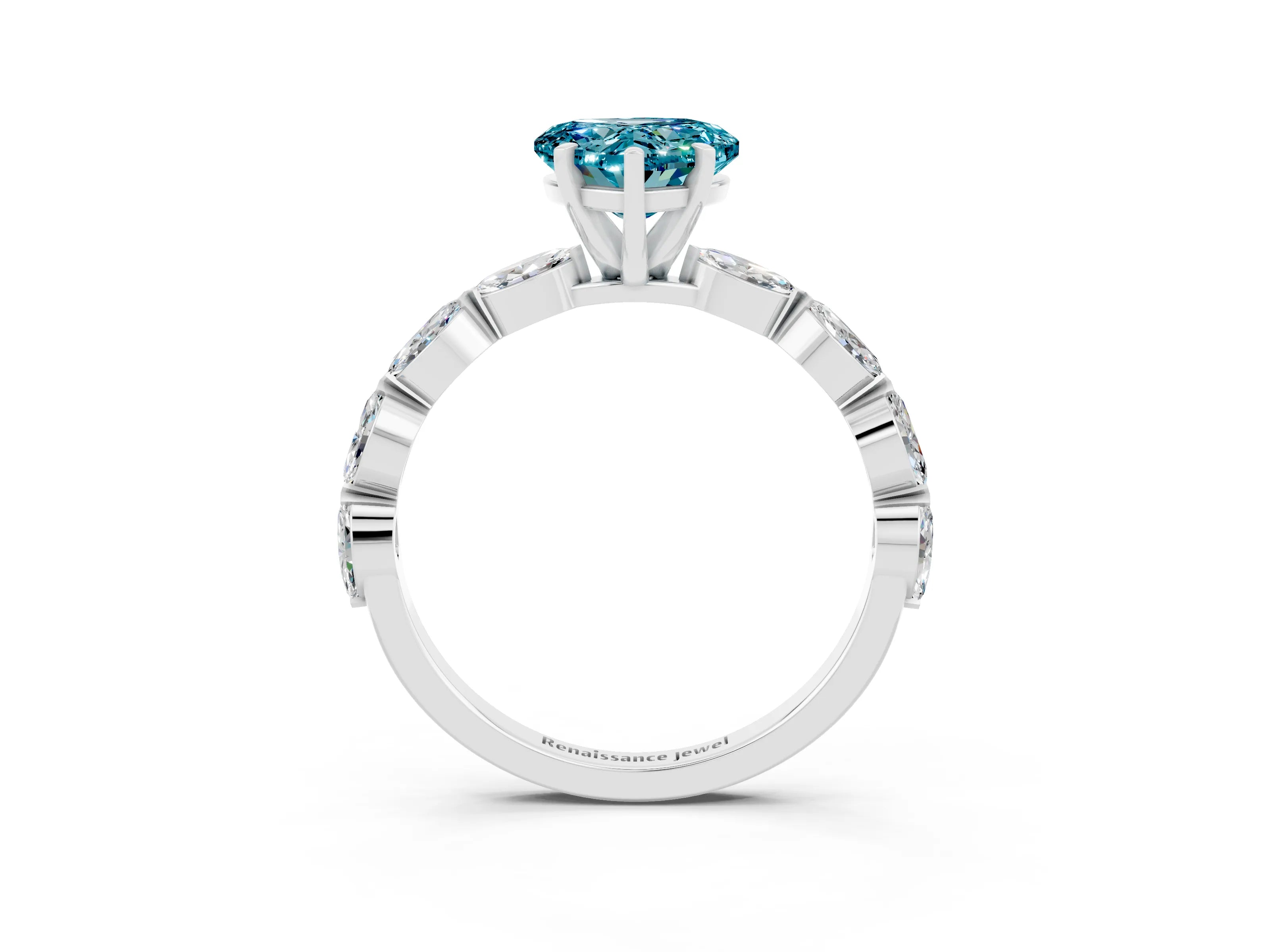 White gold Heart Cut Blue Topaz Ring with Marquise Side Stones and Prong Setting_3
