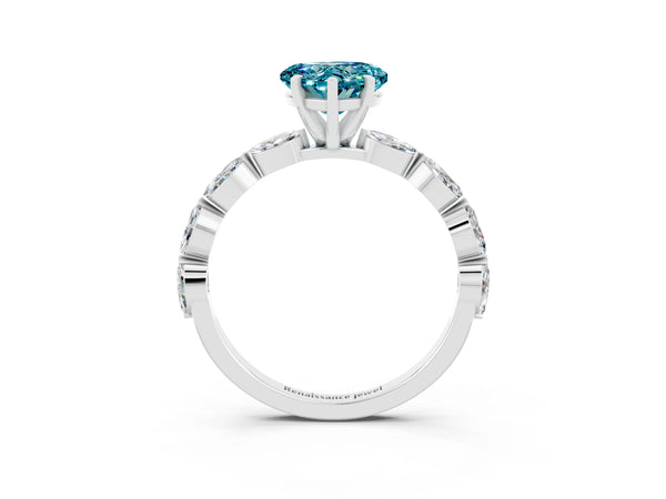 White gold Heart Cut Blue Topaz Ring with Marquise Side Stones and Prong Setting