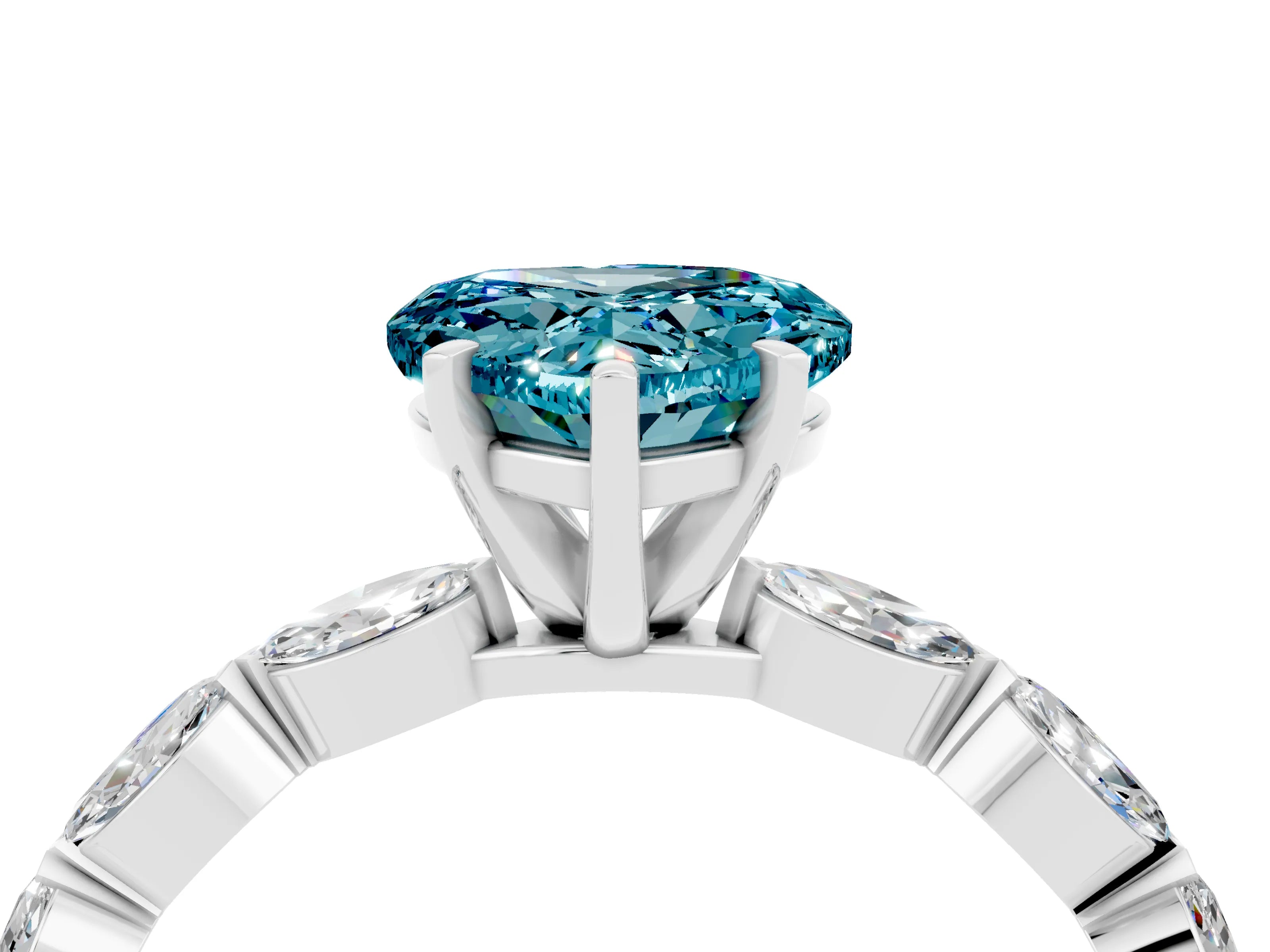White gold Heart Cut Blue Topaz Ring with Marquise Side Stones and Prong Setting_4