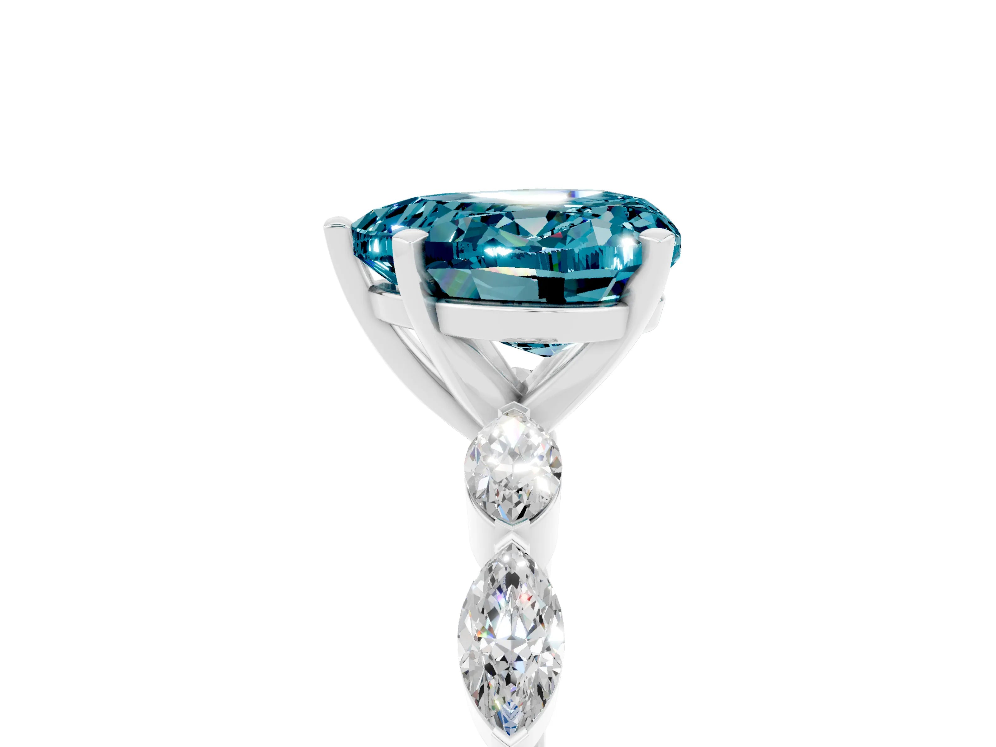 White gold Heart Cut Blue Topaz Ring with Marquise Side Stones and Prong Setting_5
