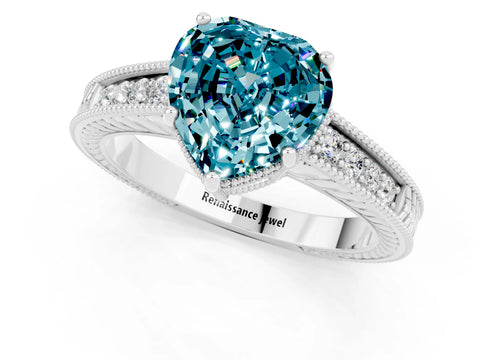 White gold Heart Cut Blue Topaz Ring with Milgrain Pavé Band and Four-Prong Setting_13