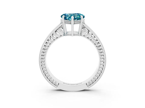 White gold Heart Cut Blue Topaz Ring with Milgrain Pavé Band and Four-Prong Setting_15
