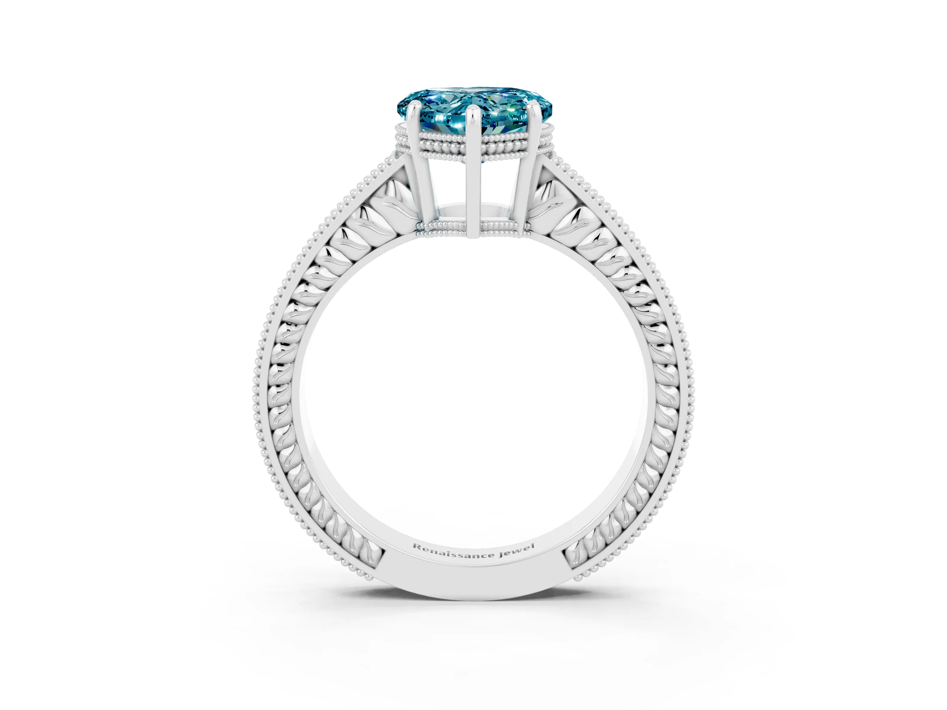 White gold Heart Cut Blue Topaz Ring with Milgrain Pavé Band and Four-Prong Setting_15