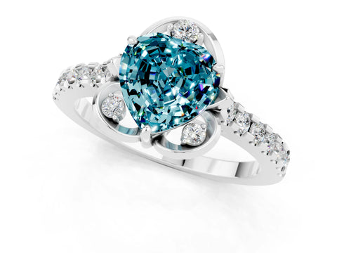 White gold Heart Cut Blue Topaz Ring with Pavé Band and Floral Prong Setting_1