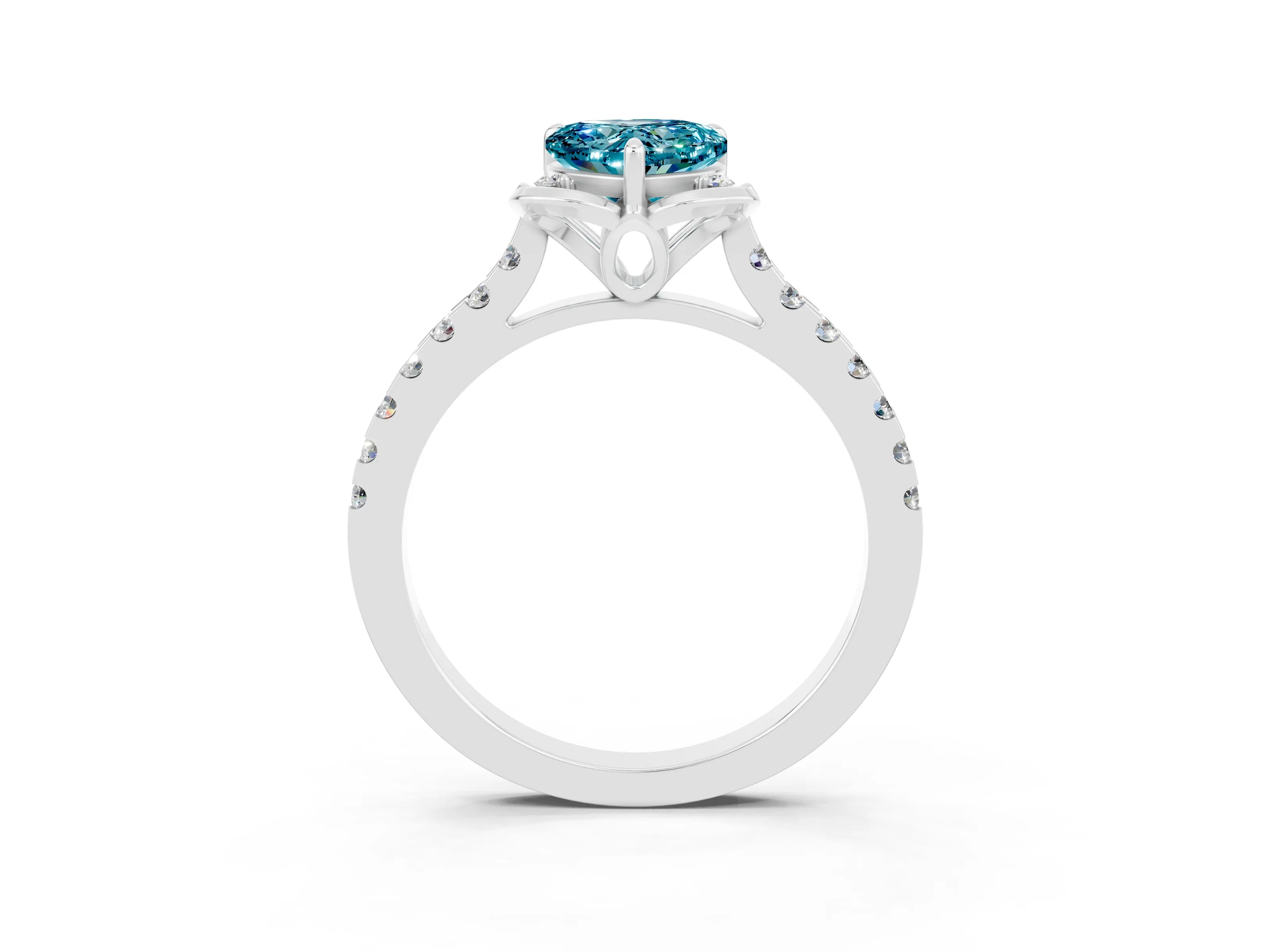 White gold Heart Cut Blue Topaz Ring with Pavé Band and Floral Prong Setting_3
