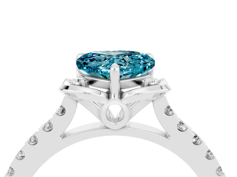 White gold Heart Cut Blue Topaz Ring with Pavé Band and Floral Prong Setting_4