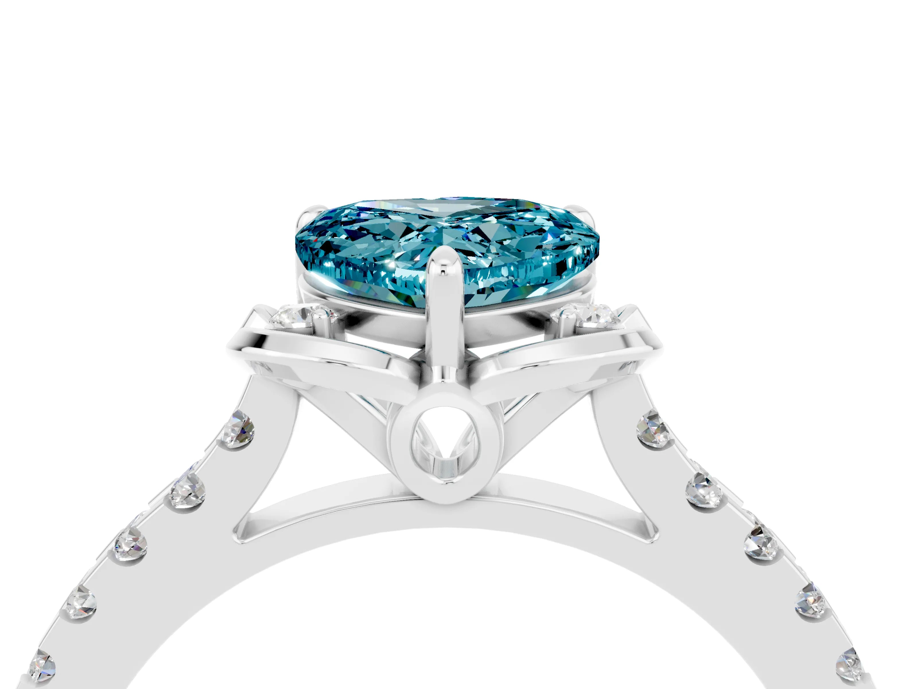 White gold Heart Cut Blue Topaz Ring with Pavé Band and Floral Prong Setting_4