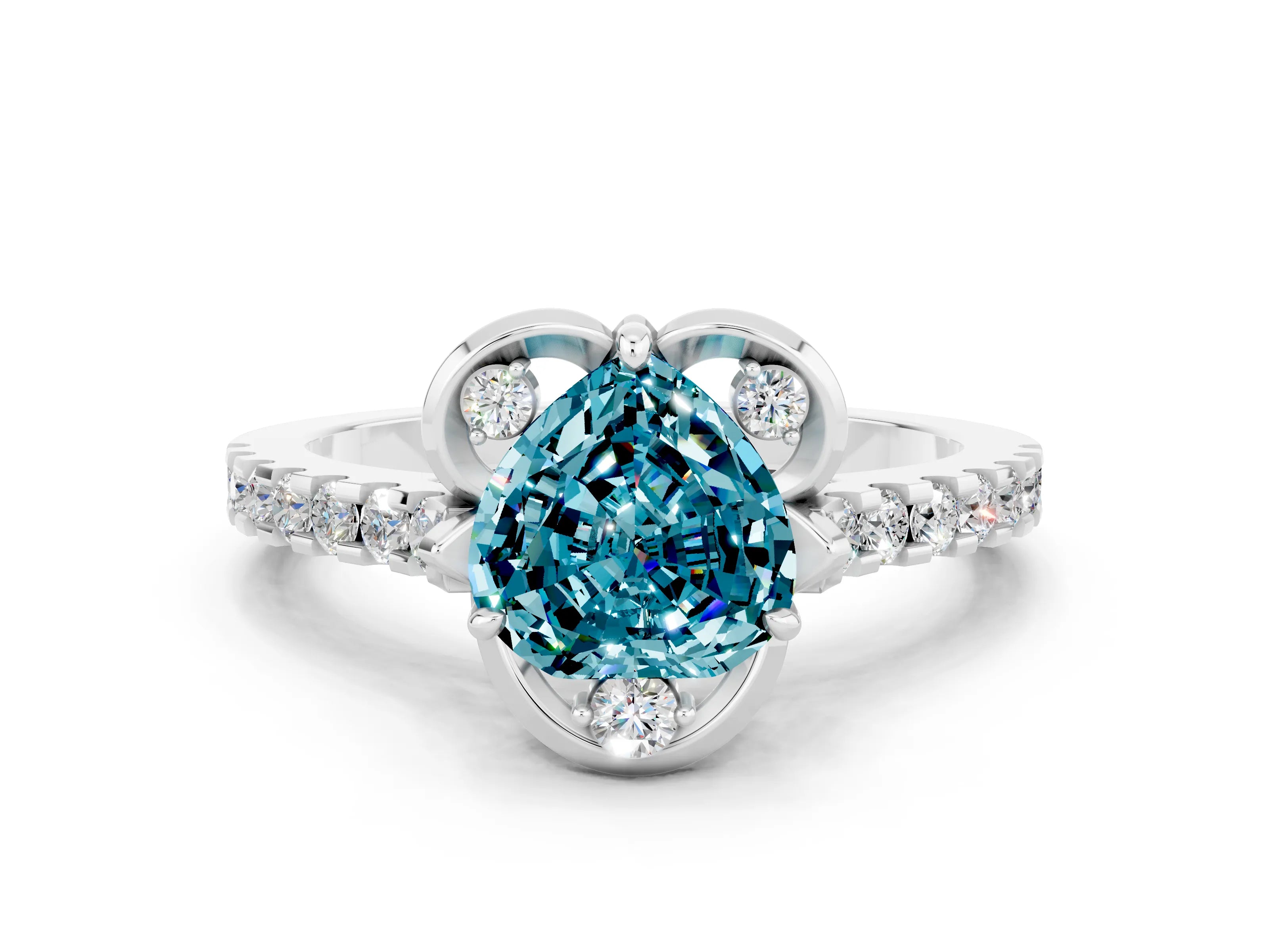 White gold Heart Cut Blue Topaz Ring with Pavé Band and Floral Prong Setting