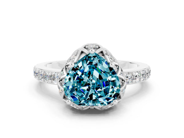 White gold Heart Cut Blue Topaz Scalloped Halo Engagement Ring with Round Shared Prong Band