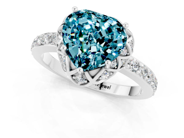 Silver Heart Cut Blue Topaz Scalloped Halo Engagement Ring with Round Shared Prong Band