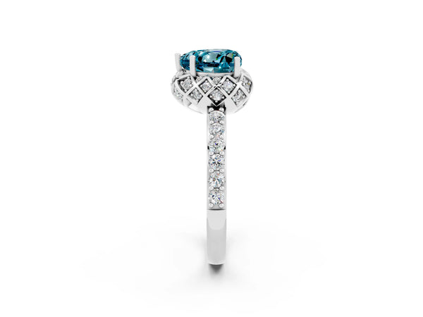 White gold Heart Cut Blue Topaz Scalloped Halo Engagement Ring with Round Shared Prong Band