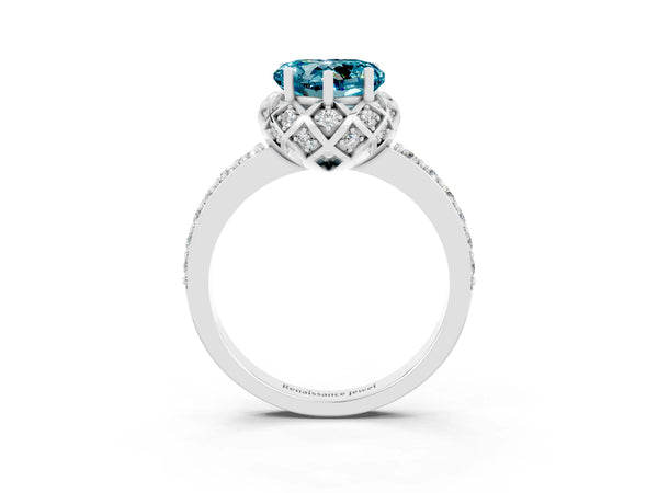 White gold Heart Cut Blue Topaz Scalloped Halo Engagement Ring with Round Shared Prong Band