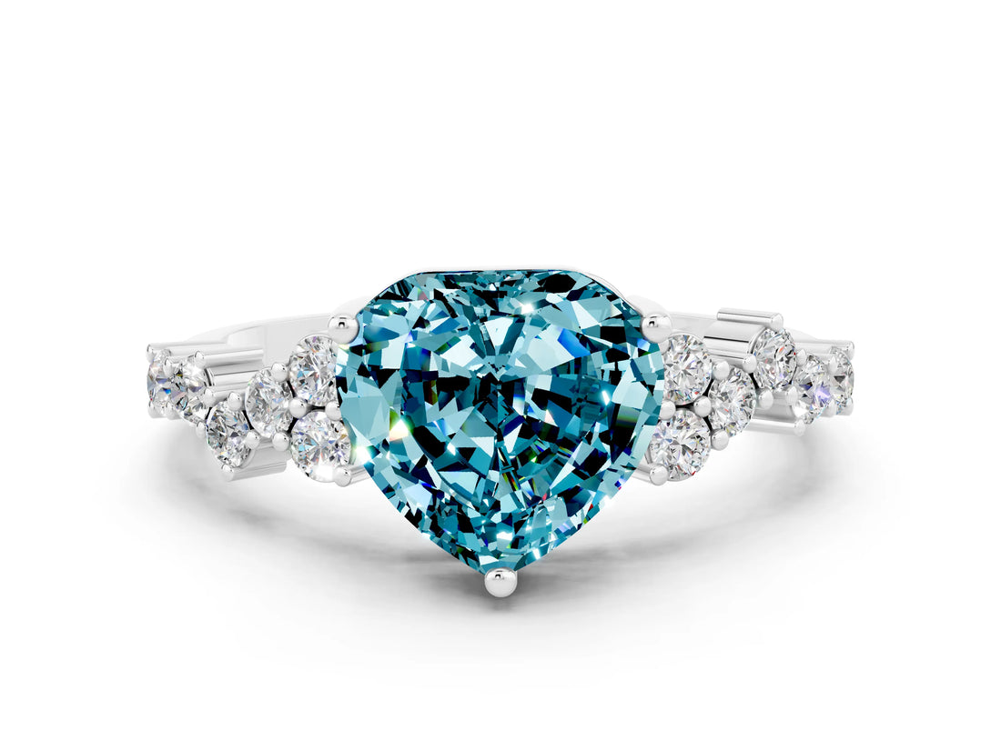 White gold Heart Cut Blue Topaz Scattered Round Accent Ring with Prong Setting_24