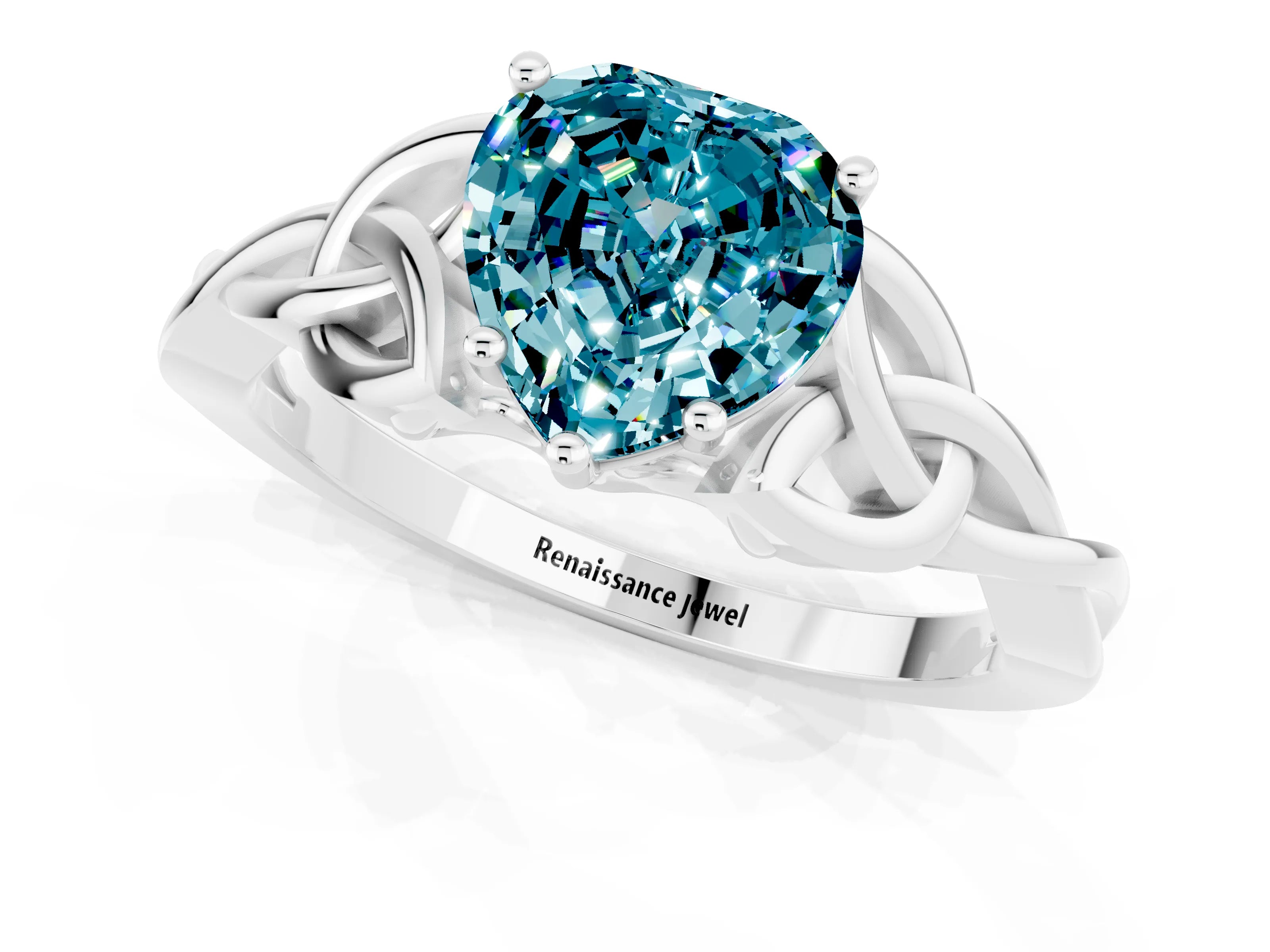 White gold Heart Cut Blue Topaz Solitaire Engagement Ring with Celtic Knot Band and Four-Prong Setting_1