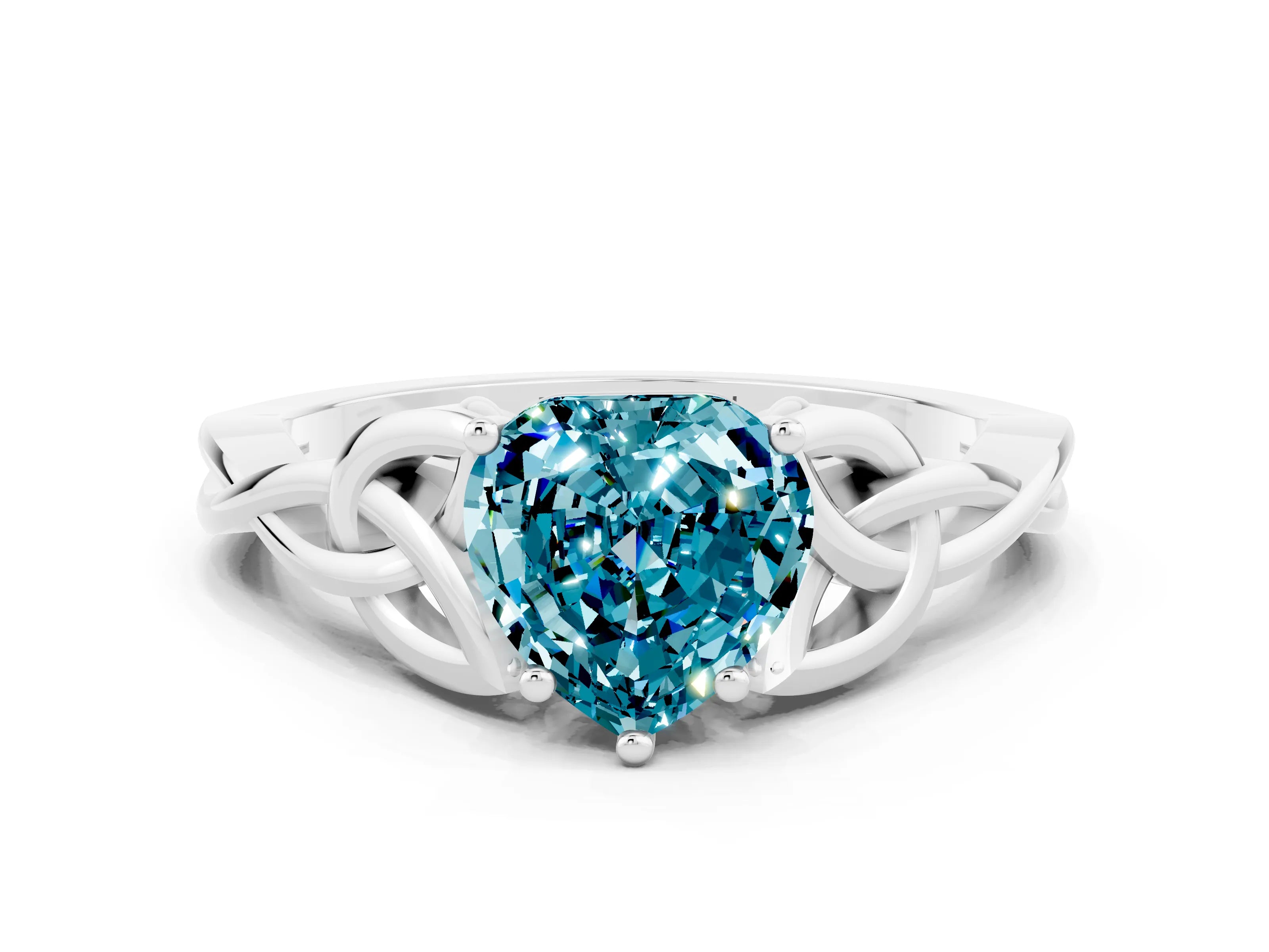 White gold Heart Cut Blue Topaz Solitaire Engagement Ring with Celtic Knot Band and Four-Prong Setting
