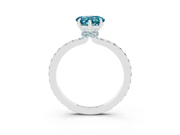 White gold Heart Cut Blue Topaz Solitaire Engagement Ring with Pavé Band and Four-Prong Setting