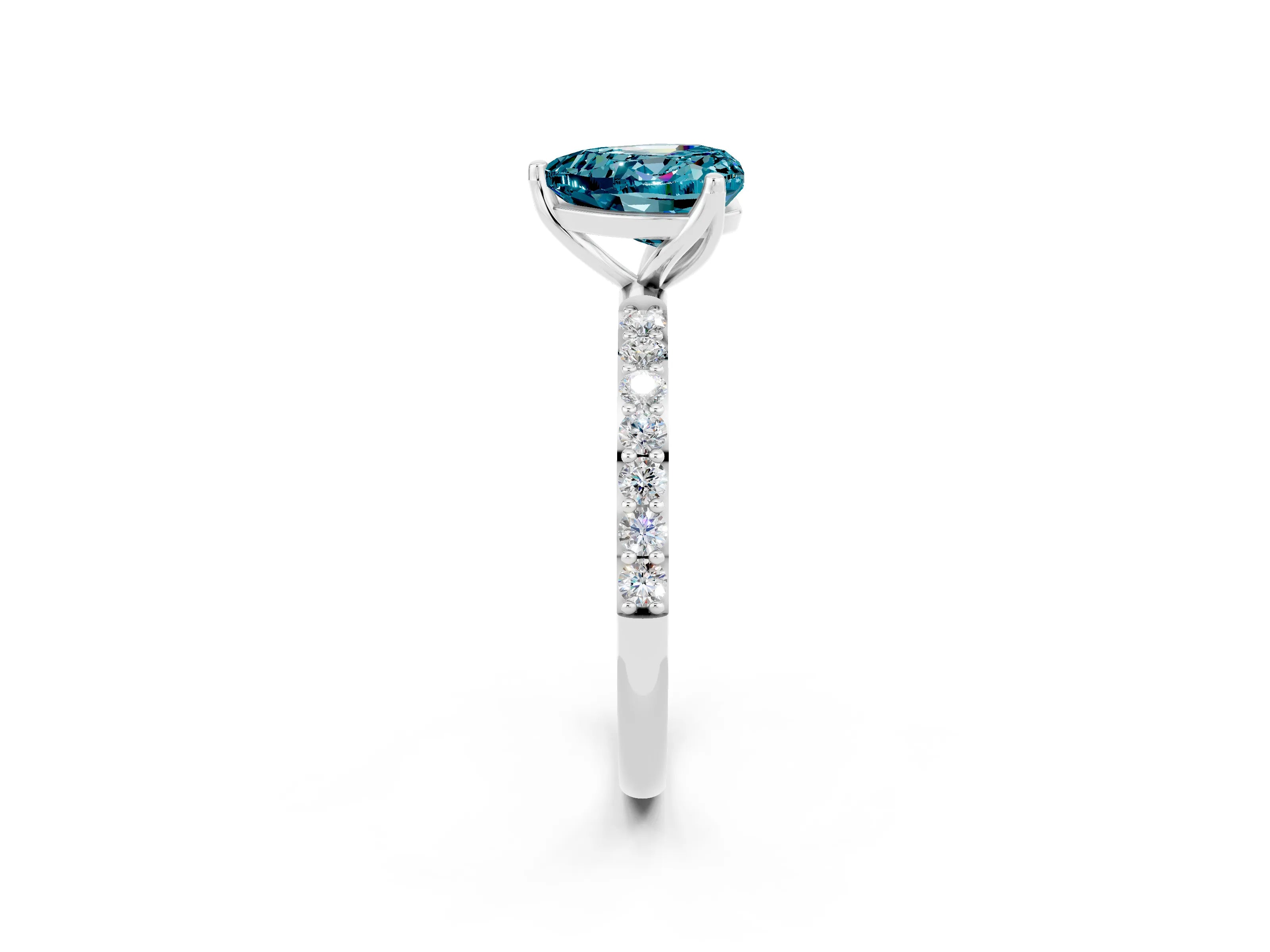White gold Heart Cut Blue Topaz Solitaire Engagement Ring with Pavé Band and Prong Setting_2
