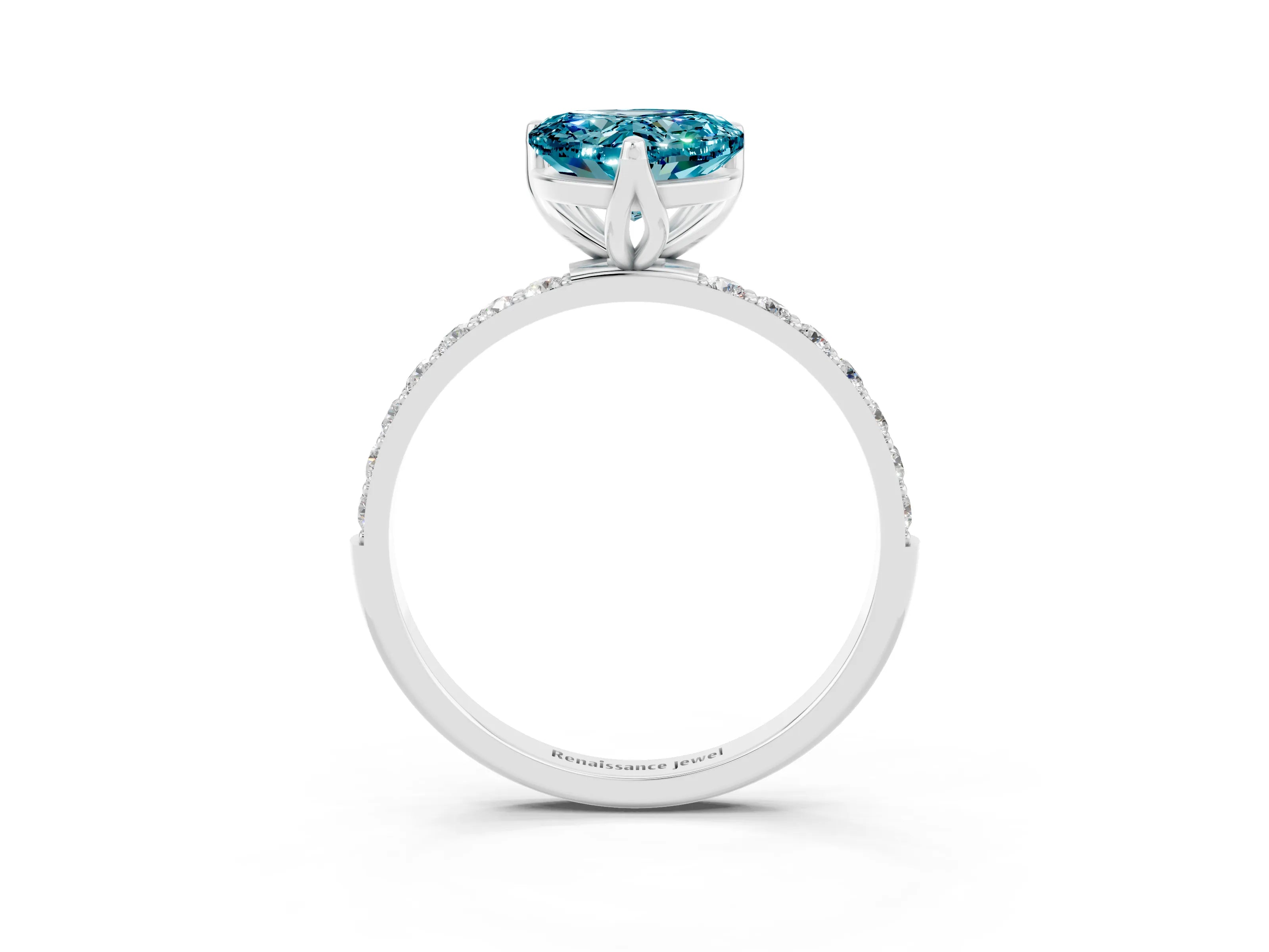 White gold Heart Cut Blue Topaz Solitaire Engagement Ring with Pavé Band and Prong Setting_3