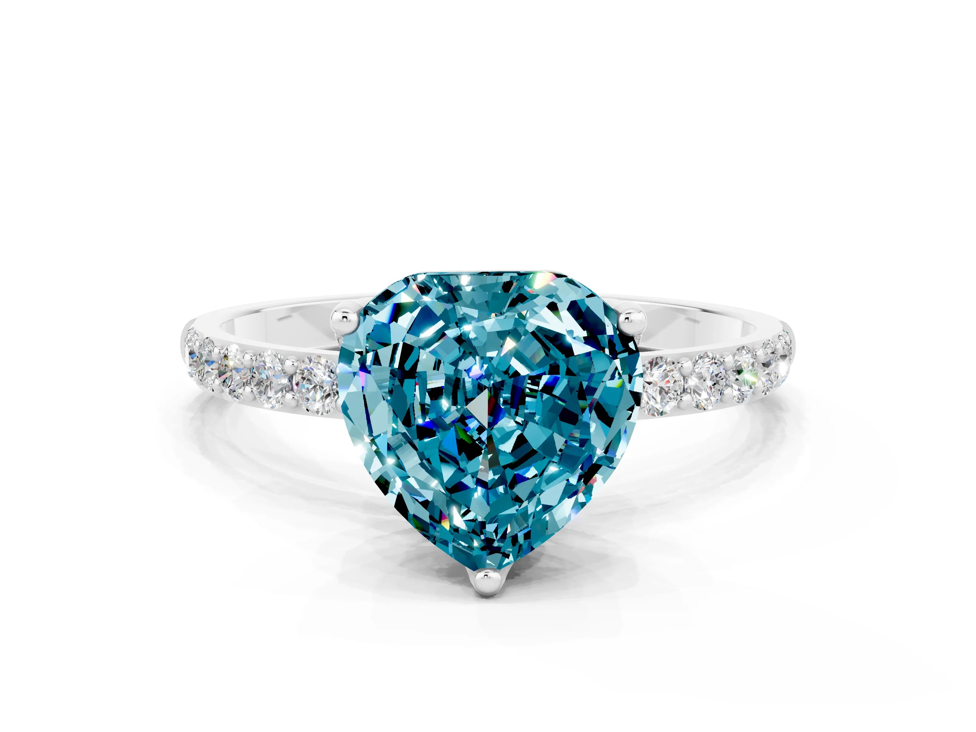 White gold Heart Cut Blue Topaz Solitaire Engagement Ring with Pavé Band and Prong Setting