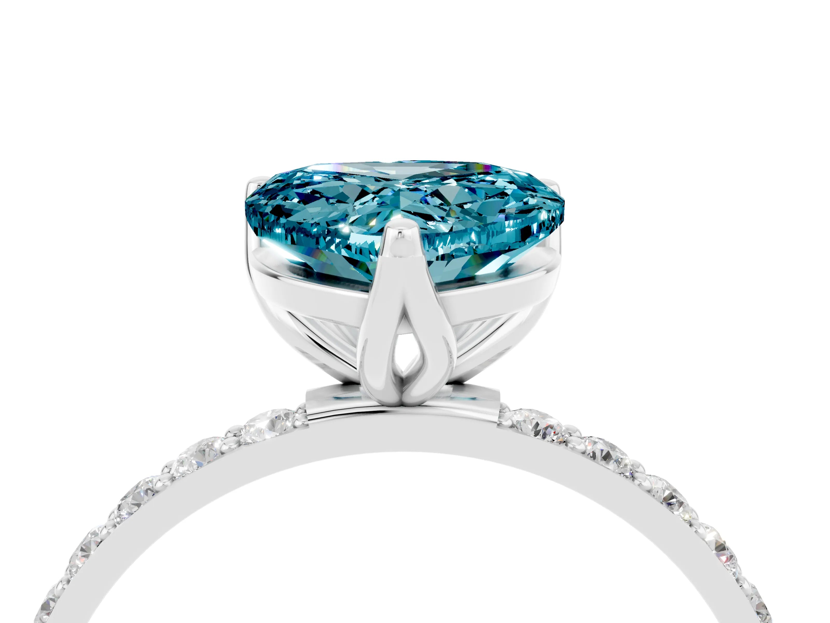 White gold Heart Cut Blue Topaz Solitaire Engagement Ring with Pavé Band and Prong Setting_4
