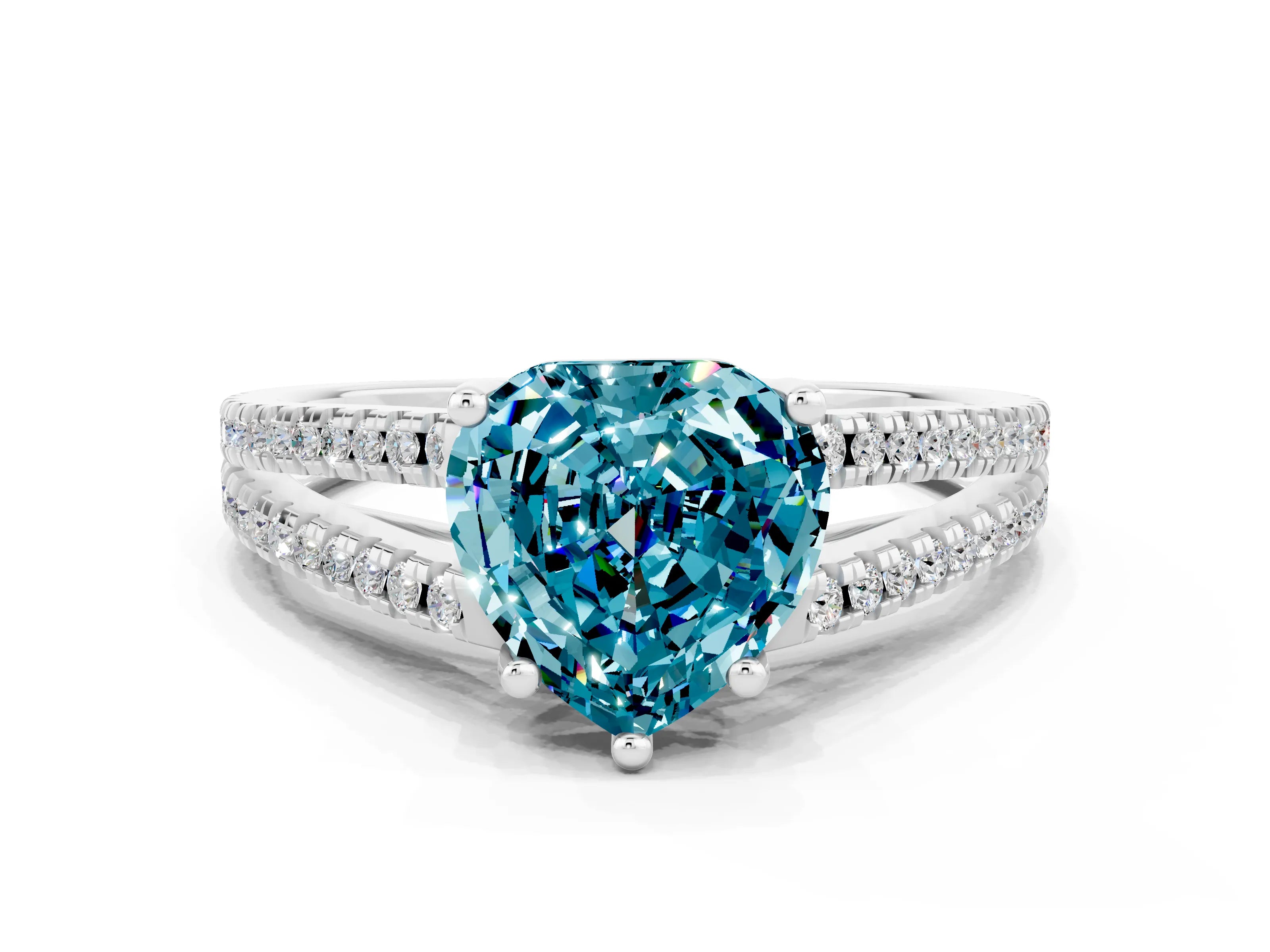 White gold Heart Cut Blue Topaz Solitaire Engagement Ring with Split Shank Pavé Band
