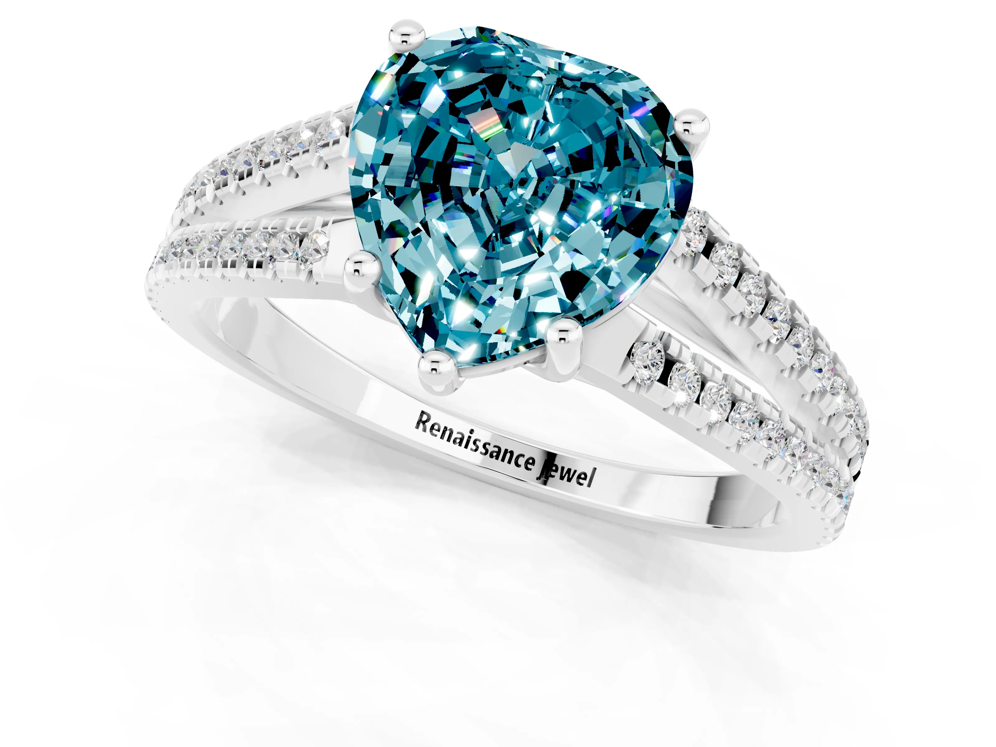 White gold Heart Cut Blue Topaz Solitaire Engagement Ring with Split Shank Pavé Band_1