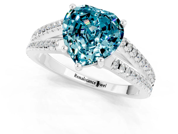 Silver Heart Cut Blue Topaz Solitaire Engagement Ring with Split Shank Pavé Band