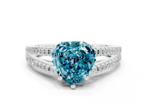 White gold Heart Cut Blue Topaz Solitaire Engagement Ring with Split Shank Pavé Band