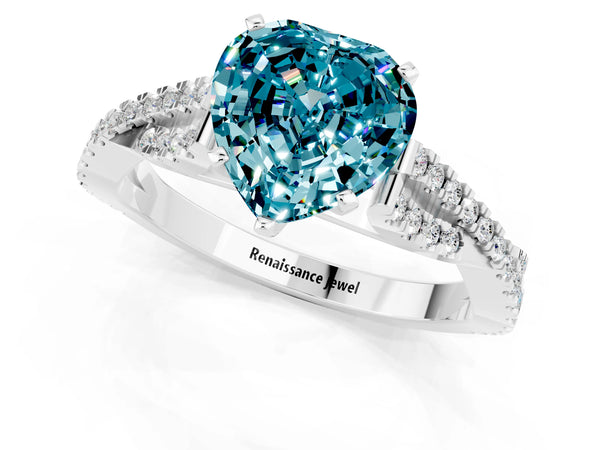 Silver Heart Cut Blue Topaz Solitaire Engagement Ring with Twisted Pavé Band and Four-Prong Setting