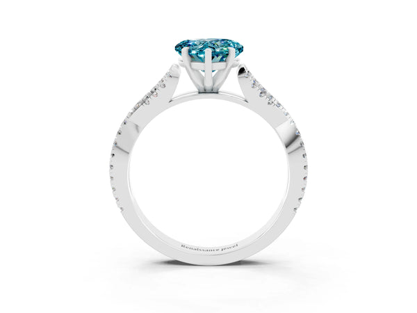 White gold Heart Cut Blue Topaz Solitaire Engagement Ring with Twisted Pavé Band and Four-Prong Setting